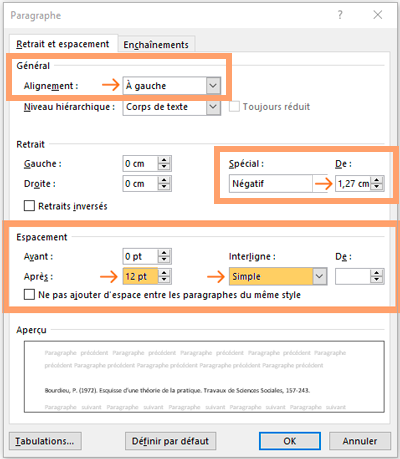 Paramètres des espacements d'une référence.